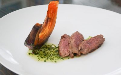 Dry-Aged Beef Strips with roast pumpkin and herb sauce