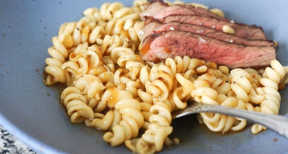 Asian fusilli with pine nuts and dry-aged beef